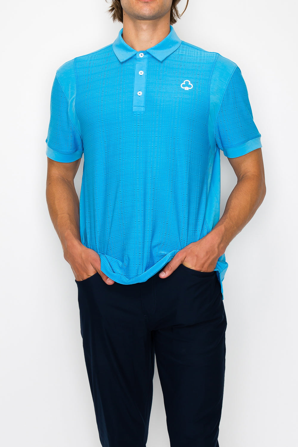 Model with Blue Grid Polo