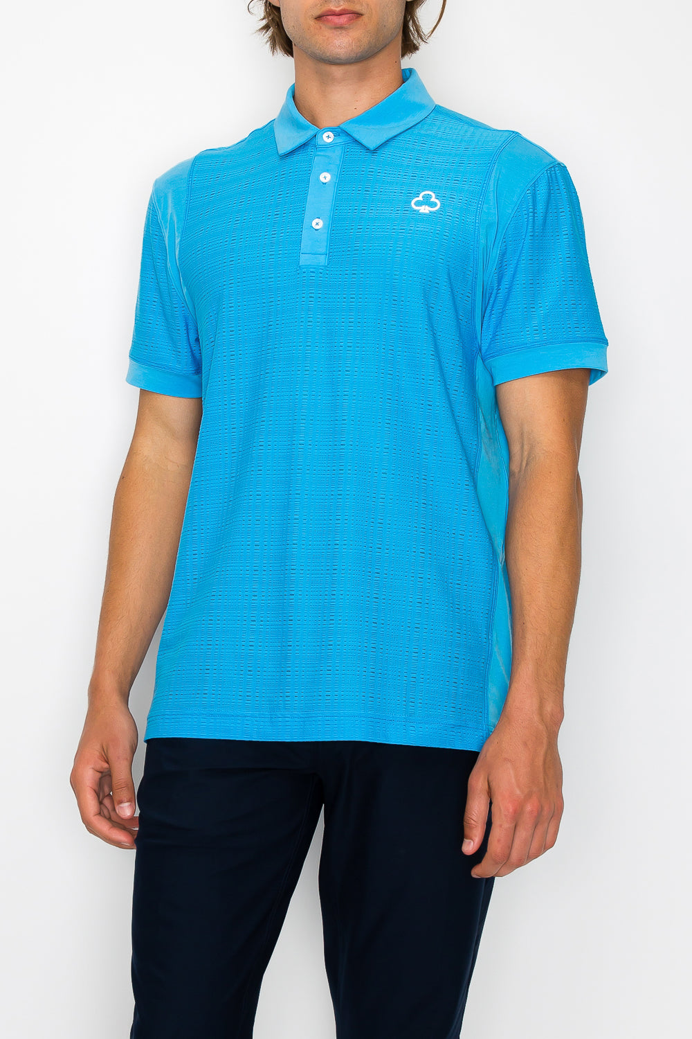 Model with Blue Grid Polo